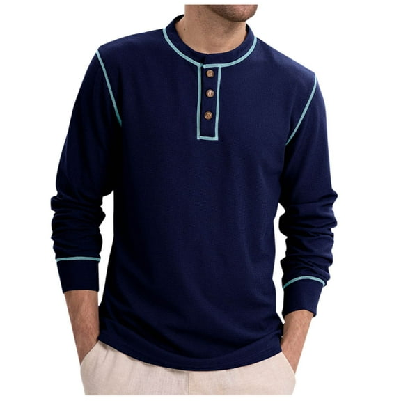 Men's Henley Shirts Big and Tall Long Sleeve Casual Classic Button T-Shirts Fall Crew Neck Loose Tops for Men (Dark Blue M)