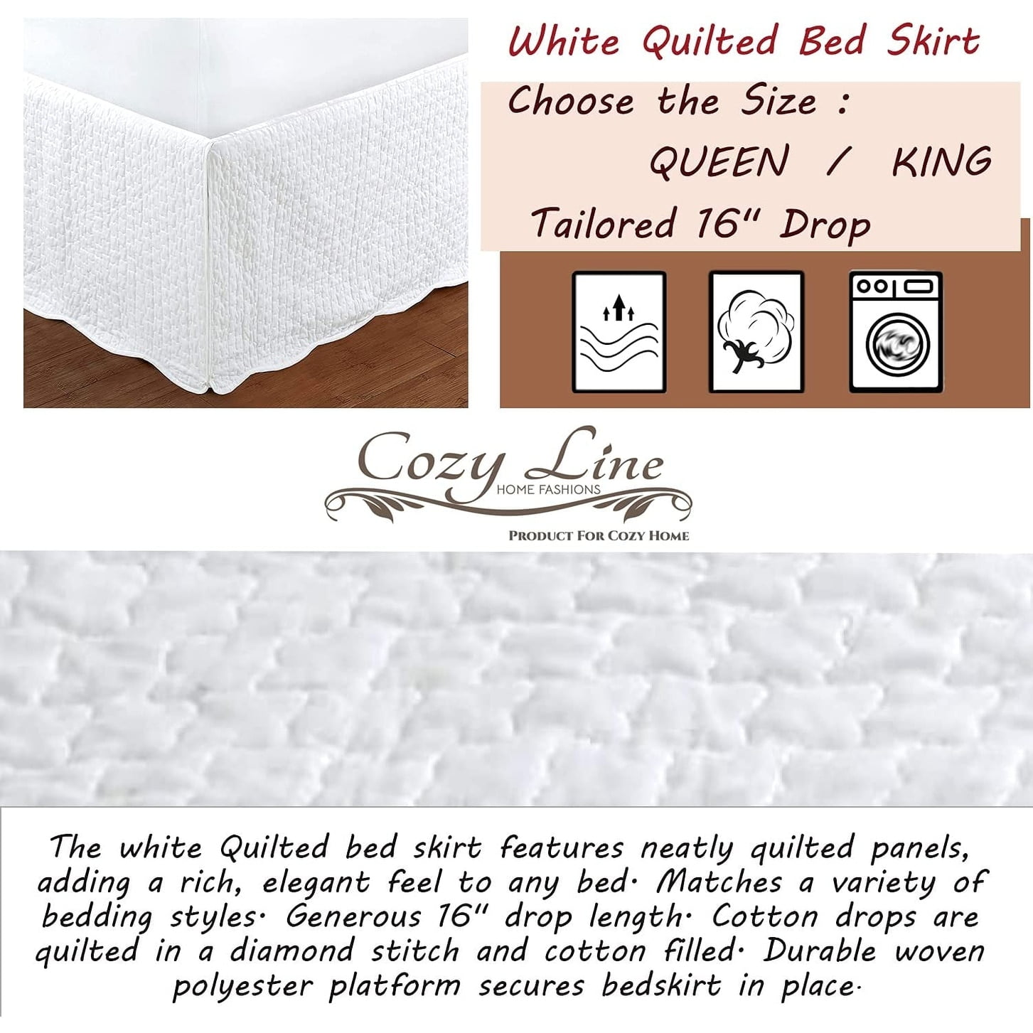Cozy Line Home Fashions White Quilted Bed Skirt Dust Ruffle Matelasse Tailored 16" Drop White Queen