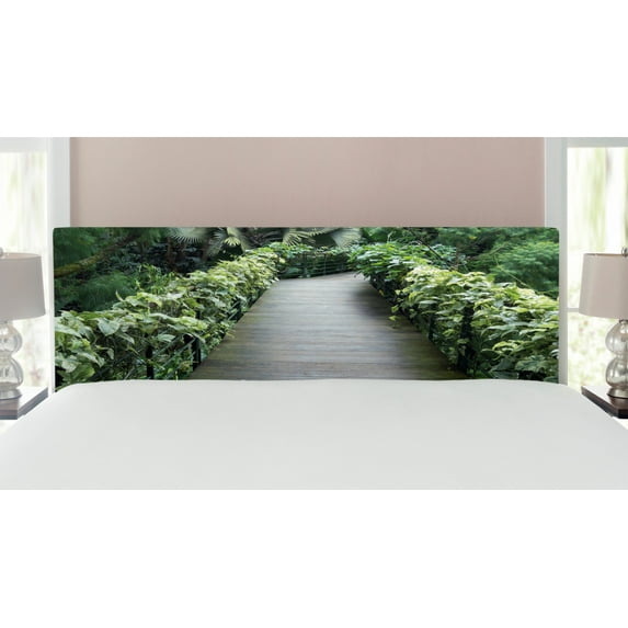 East Headboard, Scenic Wooden Pathway in Singapore Botanical Garden Rainforest Tropical, Upholstered Decorative Metal Bed Headboard with Memory Foam, King Size, Green Brown Fern Green, by Ambesonne