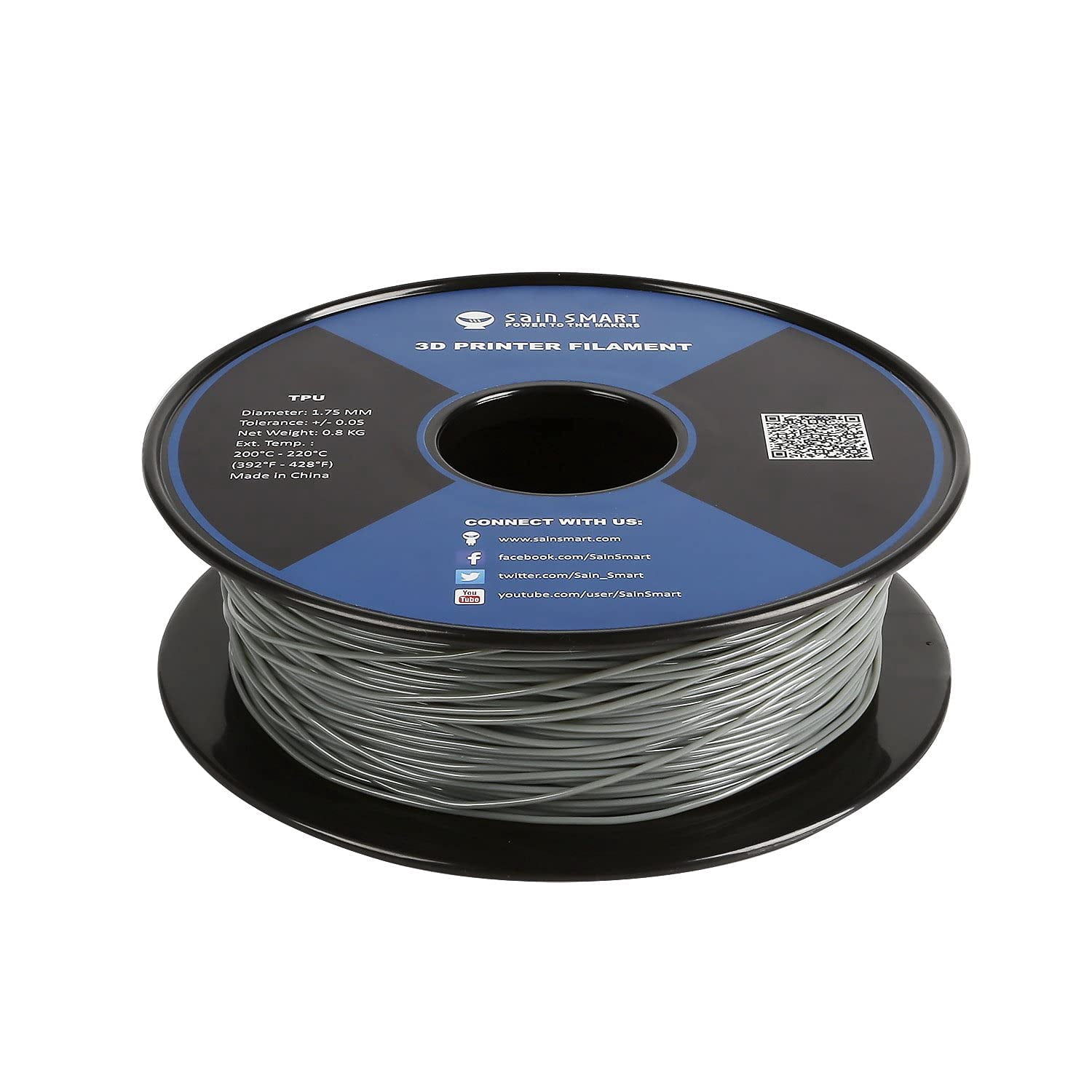 SainSmart - Gray Flexible TPU 3D Printing Filament, 1.75 mm, 0.8 kg, Dimensional Accuracy +/- 0.05 mm