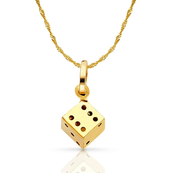Ioka-14K Yellow Gold Dice Charm Pendant with 0.9mm Singapore Chain Necklace - 20"