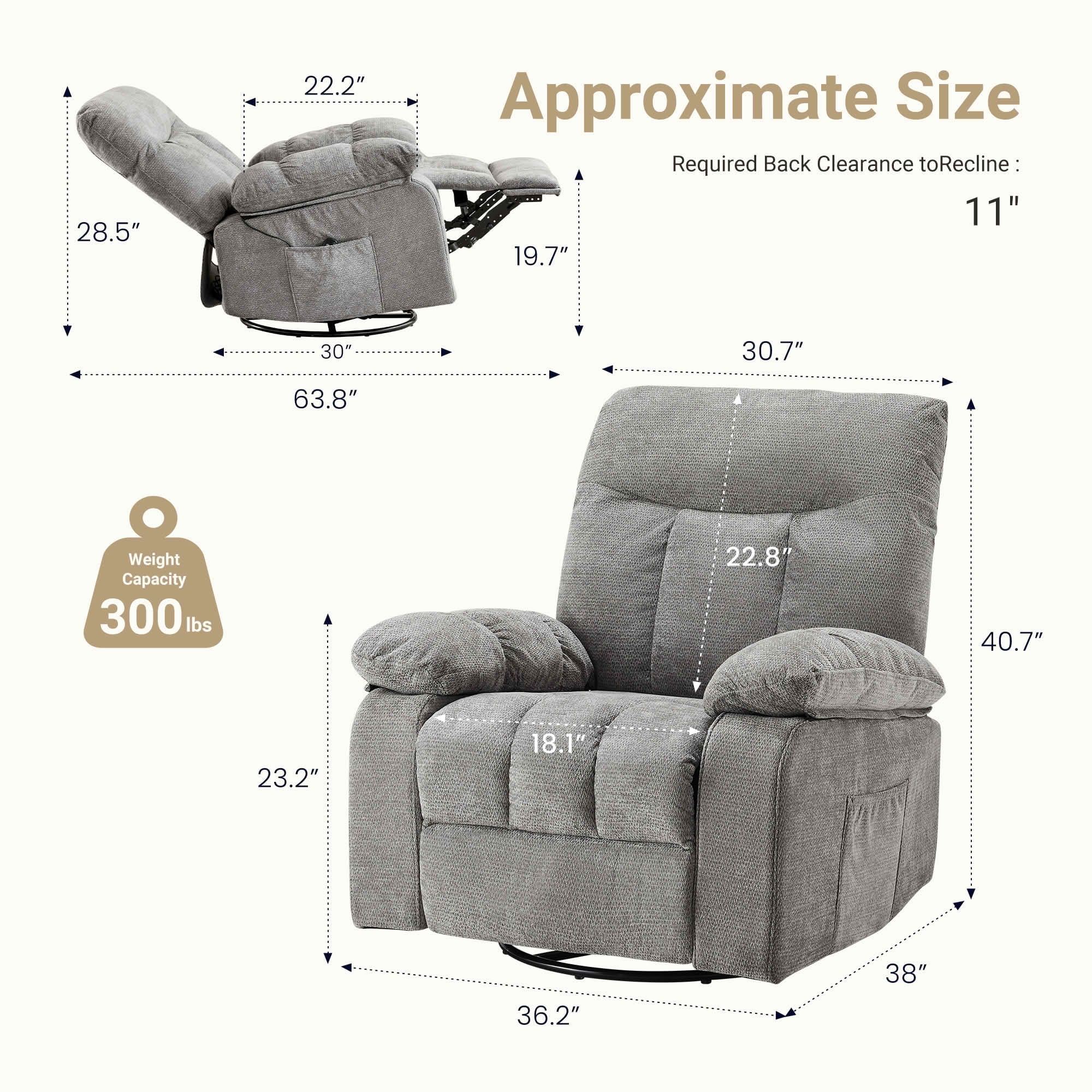 MAYEERTY Ergonomic Adjustable Rocking Rotating Lounge Chair, Vibration Massage Recliner with Lumbar Heating, Chenille Fabric High Load‑Bearing Leisure Chair for Home Use