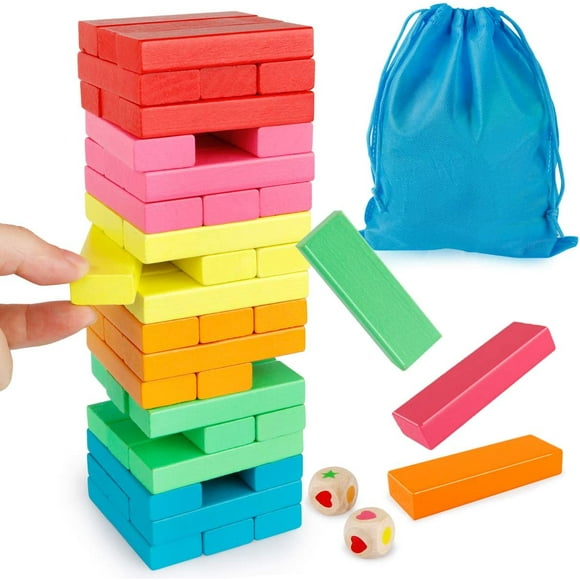 Wooden Blocks Stacking Game with Storage Bag, Toppling Colorful Tower Building Blocks Balancing Puzzles Montessori Toys Learning Sorting Family Games Educational Toys Gifts for Kids