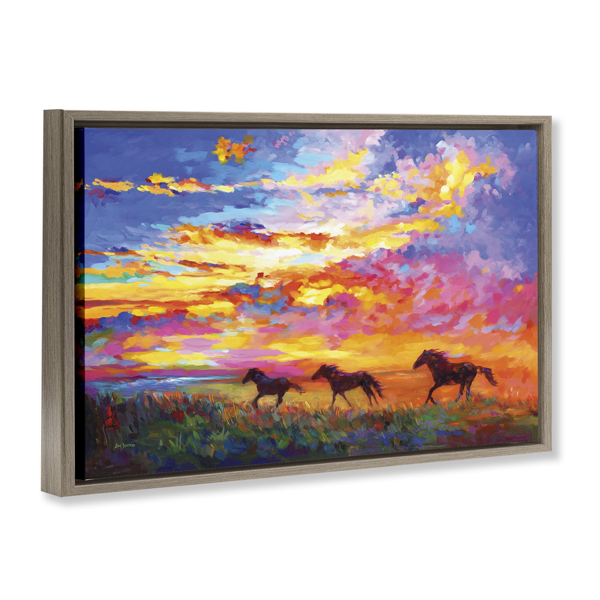 Stupell Industries Wild Horses at Sunset Landscape & Nature Painting Brown Floater Framed Canvas Art Print Wall Art, 25 x 17