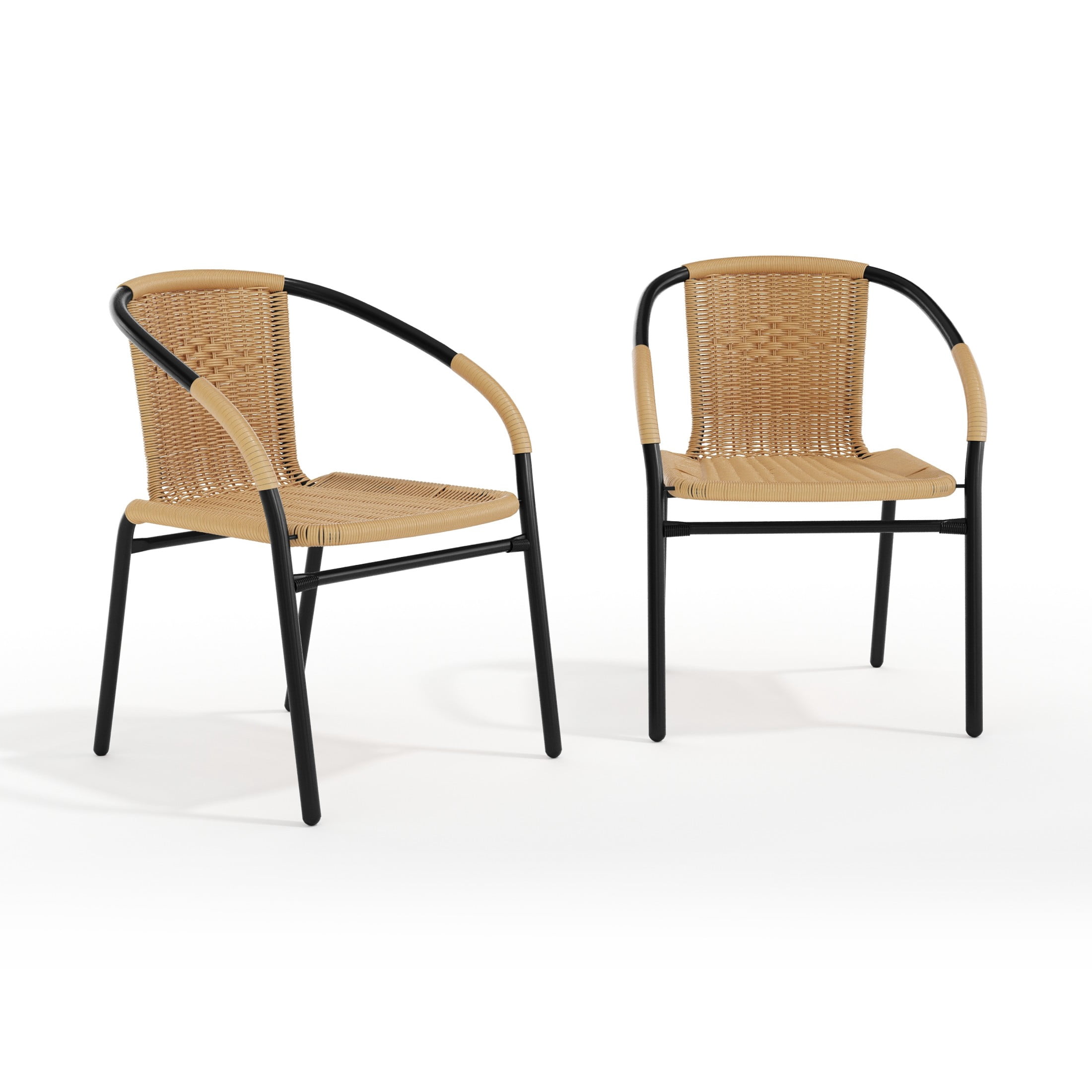 BizChair Set of 2 Commercial Grade Beige Rattan Indoor-Outdoor Restaurant Stack Chairs