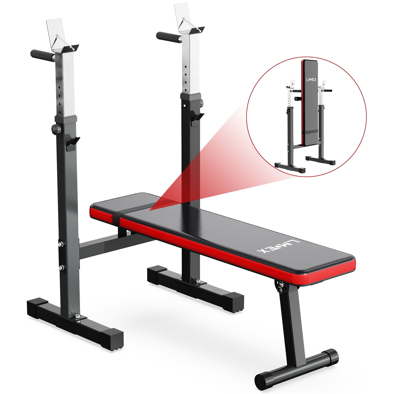 Lmdex Adjustable Weight Bench Press with Squat Rack & Folding Dip Station, Complete Home Gym Set with 150lbs Weight Plates and Curl Bar for Full Body Strength Training (Red）