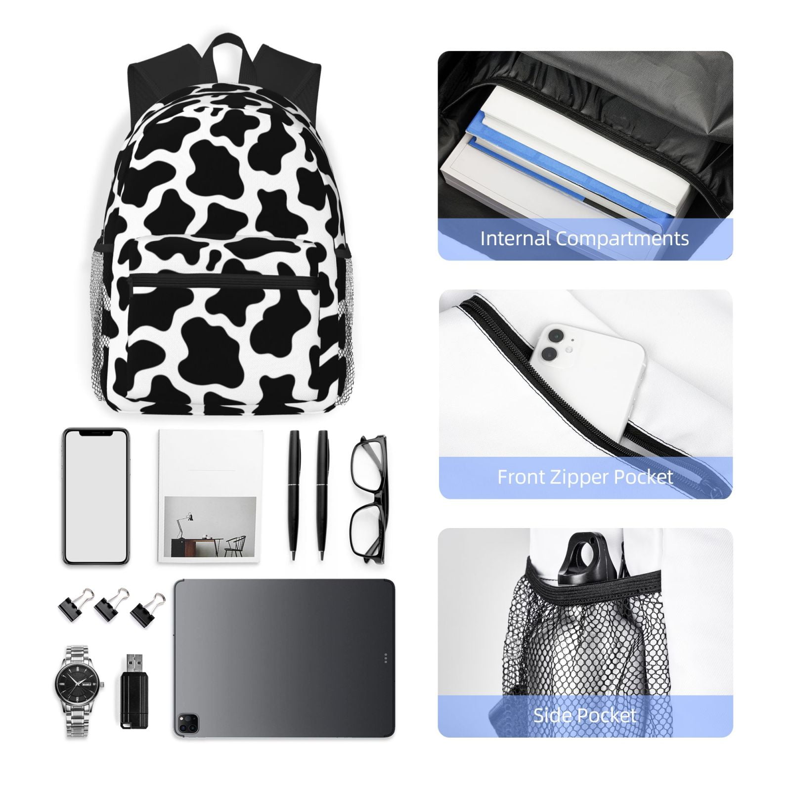 Kuqiui Backpack for Men and Women – Durable Lightweight Travel Backpack with Laptop Compartment, School & Work Daypack-Cow Print Black White
