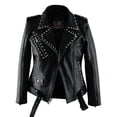 thumbnail image 3 of Ladies Silver Studded Button Motorcycle Jacket Brando Style Genuine Cowhide Leather Spiked Silver Color Studs Women Jacket Black-M, 3 of 11