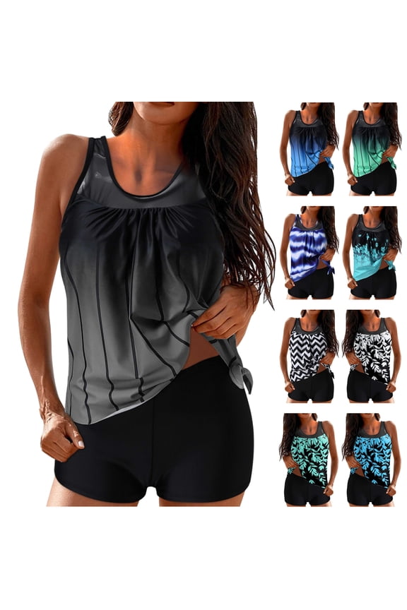 Clearance Sales Today Sales Prime Womens Swimsuits Tankini Two Pieces Blouson Tankini Swimsuits with Shorts Striped Swim Tank Top Bathing Suits Blue XXL