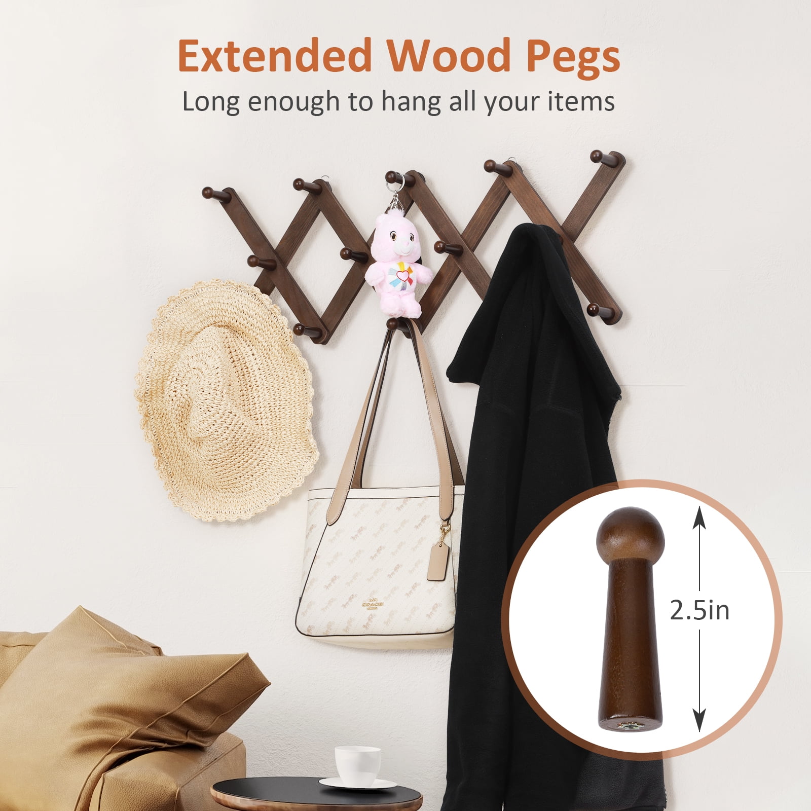 Accordion Wall Hanger with 14 Pegs, Expandable Coat Rack Wall Mount, Wood Hat Rack for Wall, Hat Hangers for Hanging Coat, Purse, Mug