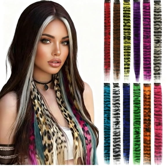 12 Count 18 Inch Straight Leopard Print Striped Clip On Hair Extensions, Colorful Synthetic Hair Accessories For Party Y2K Style