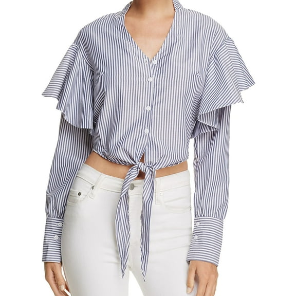 MinkPink Womens Tie-Front Button Down Blouse, Blue, Medium