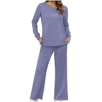 Scyoekwg Womens 2 Piece Casual Set 2025 Fall Outfits Solid Color Round Neck Long Sleeve Side Split Tops Pullover Pants Set Matching Set Loungewear (Purple,S)