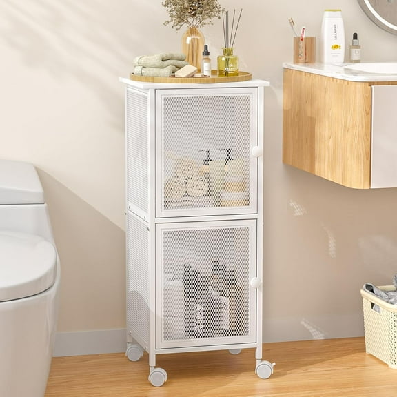 Small Bathroom Storage Cabinet with Movable Wheels, Wooden Bathroom Standing Shelf with 2 Metal Doors, Slim Bathroom Storage Cart for Small Spaces, Laundry, Kitchen, Narrow Stand Storage Unit, White
