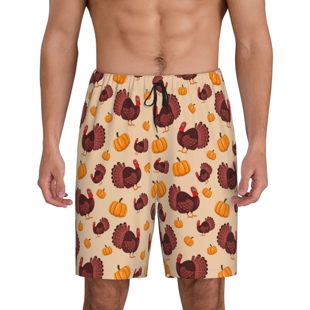 Balery Thanksgiving Turkey and Pumpkin Pantalones cortos de pijama de punto de algodón para hombre con cinturilla y bolsillos-4X-Large