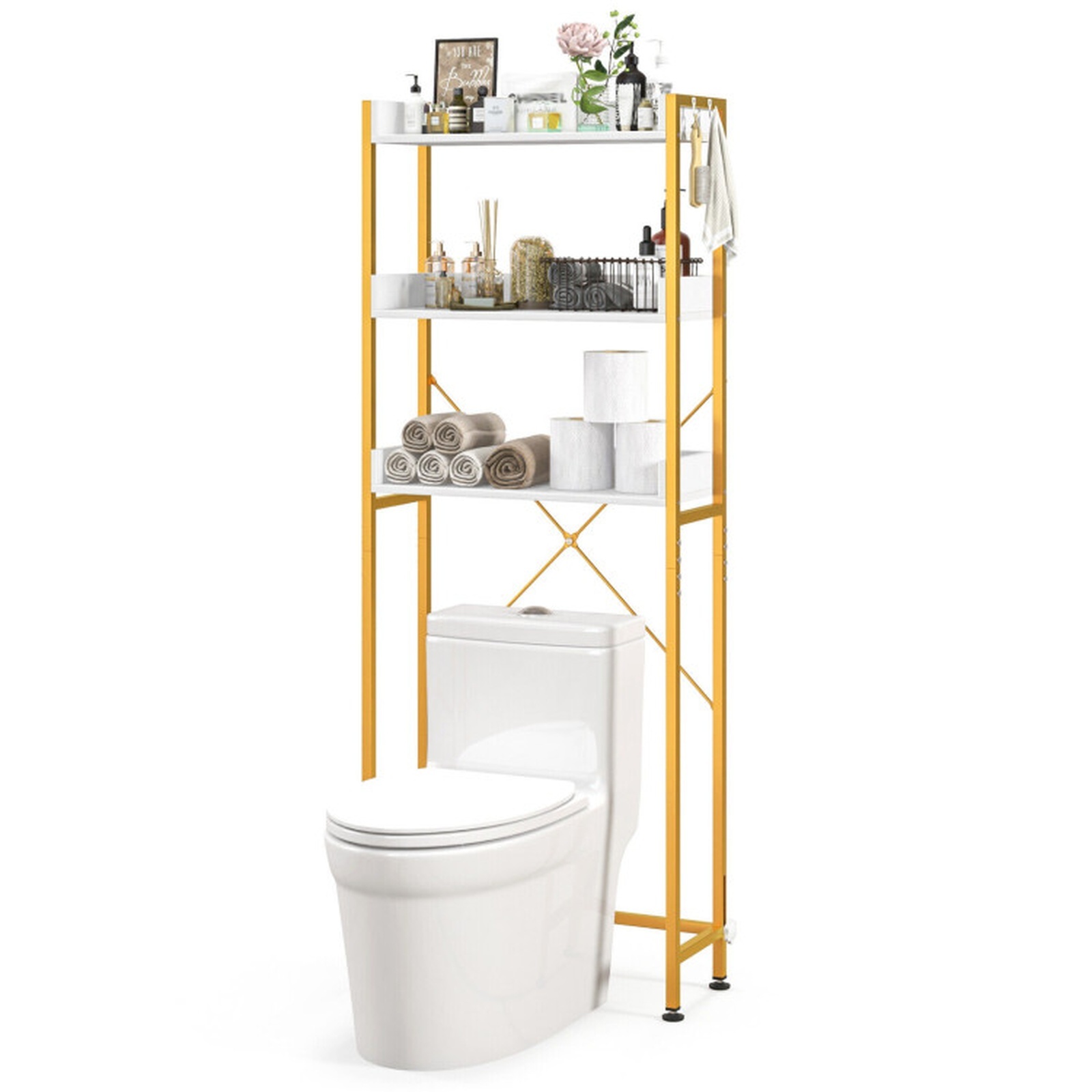 SUGIFT Over the Toilet Storage Rack with 4 Side Hooks 3 Tier Open Shelves Adjustable Bottom Bar Rustproof Metal Frame and X Shaped Structure, White