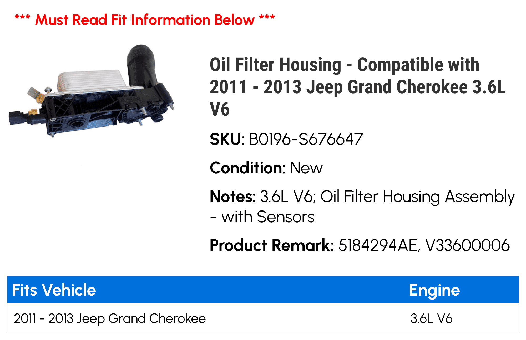 Oil Filter Housing - Compatible with 2011 - 2013 Jeep Grand Cherokee 3.6L V6 - Replacement