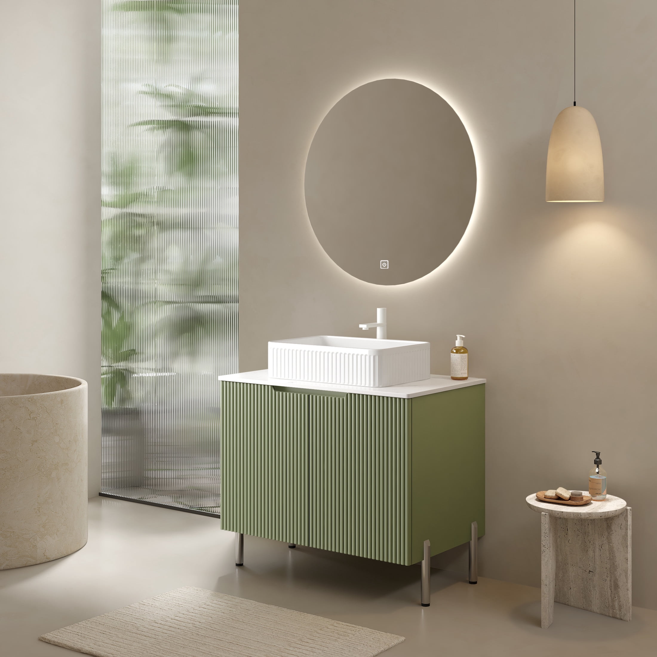 Noble House TURIO 30" Bathroom Vanity with Sintered Stone Countertop, Storage Cabinet, White Rectangle Basin, Light Green