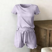Naittoop Womens Pajamas 2 Piece Pjs Short Sleeve Sleepwear Set Summer Soft Pajamas Set Ruffle Flowy Casual Lounge Sets