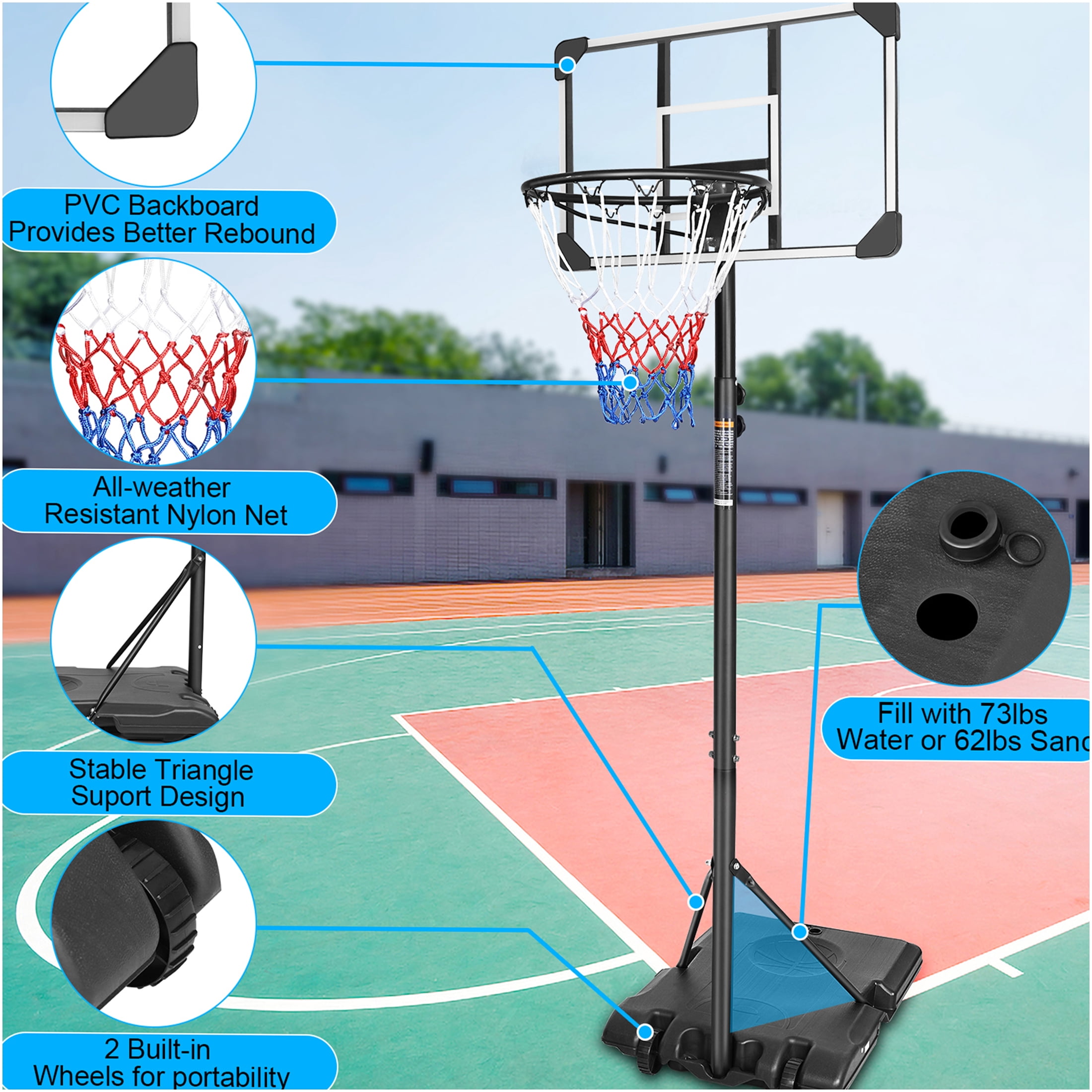 JERFIT Portable Basketball Hoop with Base & Wheels, 5.6ft-7ft Height Adjustable Hoop for Youth Kids, 28" Shatterproof Backboard for Indoor Outdoor Use
