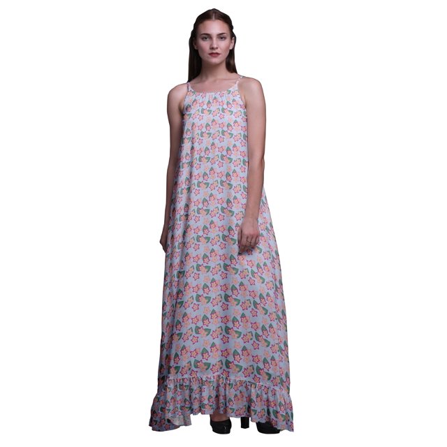 Bimba Robe Longue à Bretelles Spaghetti Imprimée Feuilles Florales & Bleu Lavande Clair pour Femmes XXX-Large