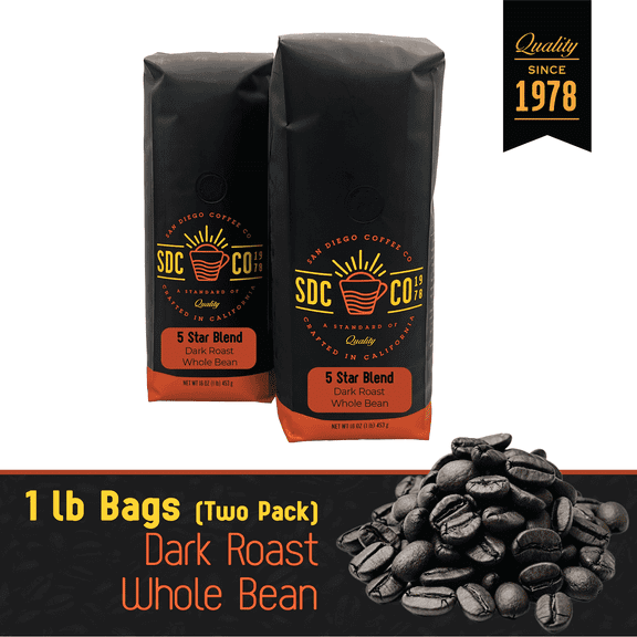 San Diego Coffee 5 Star Blend, Dark Roast, Whole Bean Coffee, 16-Ounce Bags (Pack of 2)