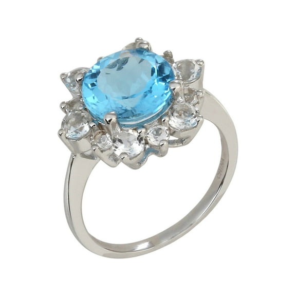 925 Sterling Silver Swiss Blue Topaz,White Cz Ring