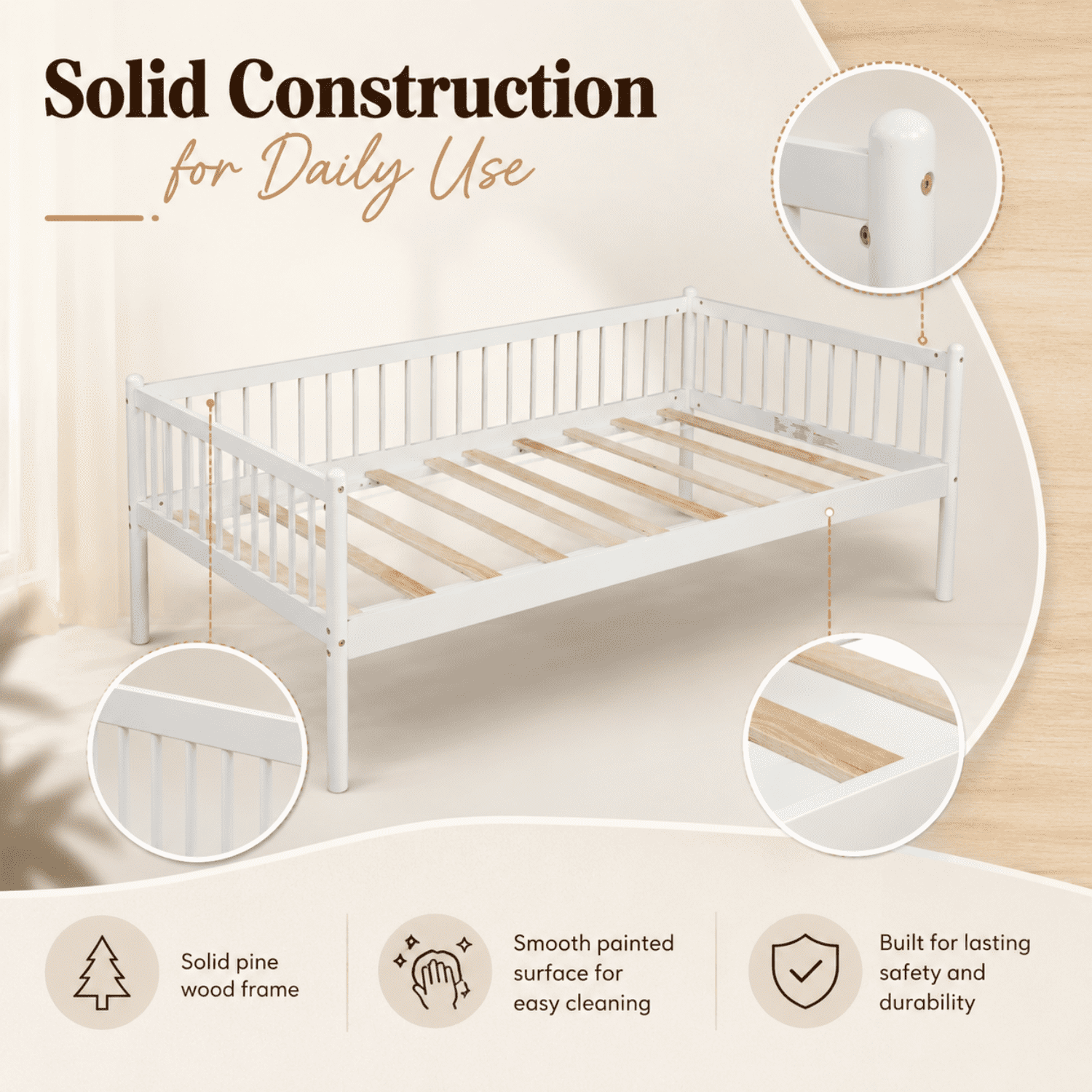 Miniyam Twin Wooden Daybed with Spindle Guardrails, Solid Pine Wood Bed Frame, White