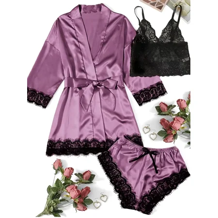 

3 Piece Lace Trim Solid Satin Pajamas Set Long Sleeve Short Robe + V Neck Cami Top + Lounge Shorts Women‘s Loungewear & Sleepwear