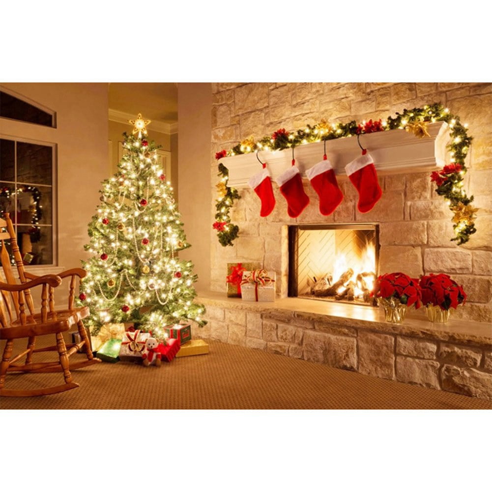 New Christmas Fireplace Red Socks Backdrop Christmas Tree Photography