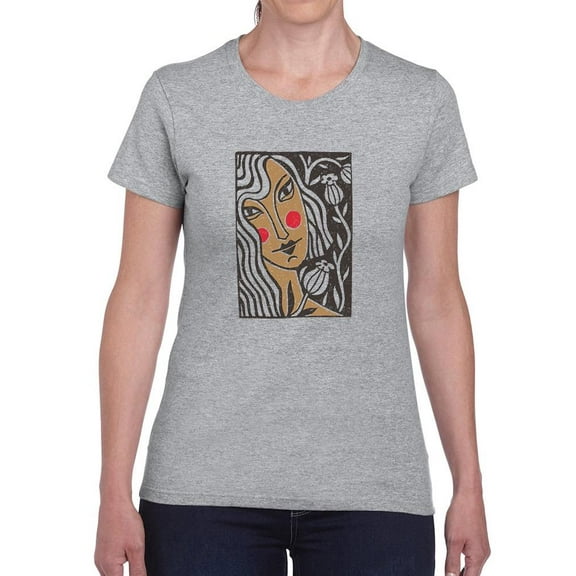 Girl And Flowers Linocut Art T-Shirt Women -Image by Shutterstock, Female x-Large