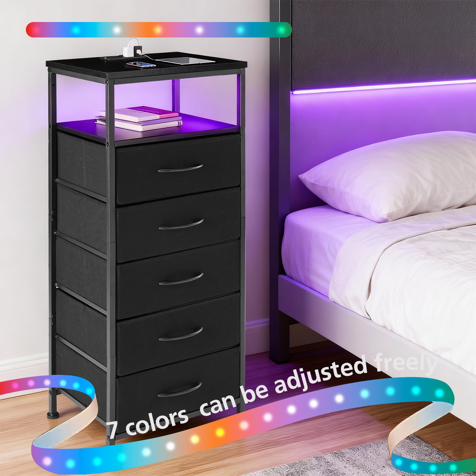 Smart Nightstand with LED Lights & Charging Station | Remote App Control Bedside Table | 2 AC Outlets, USB-C Port, 5 Drawer Storage | Modern End Table for Bedroom, Black