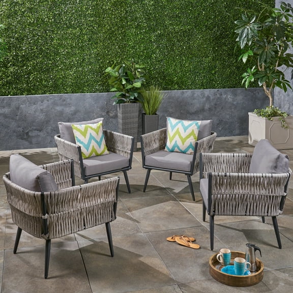 Soren Outdoor Wicker Club Chairs with Cushions, Set of 4, Light Gray, Dark Gray