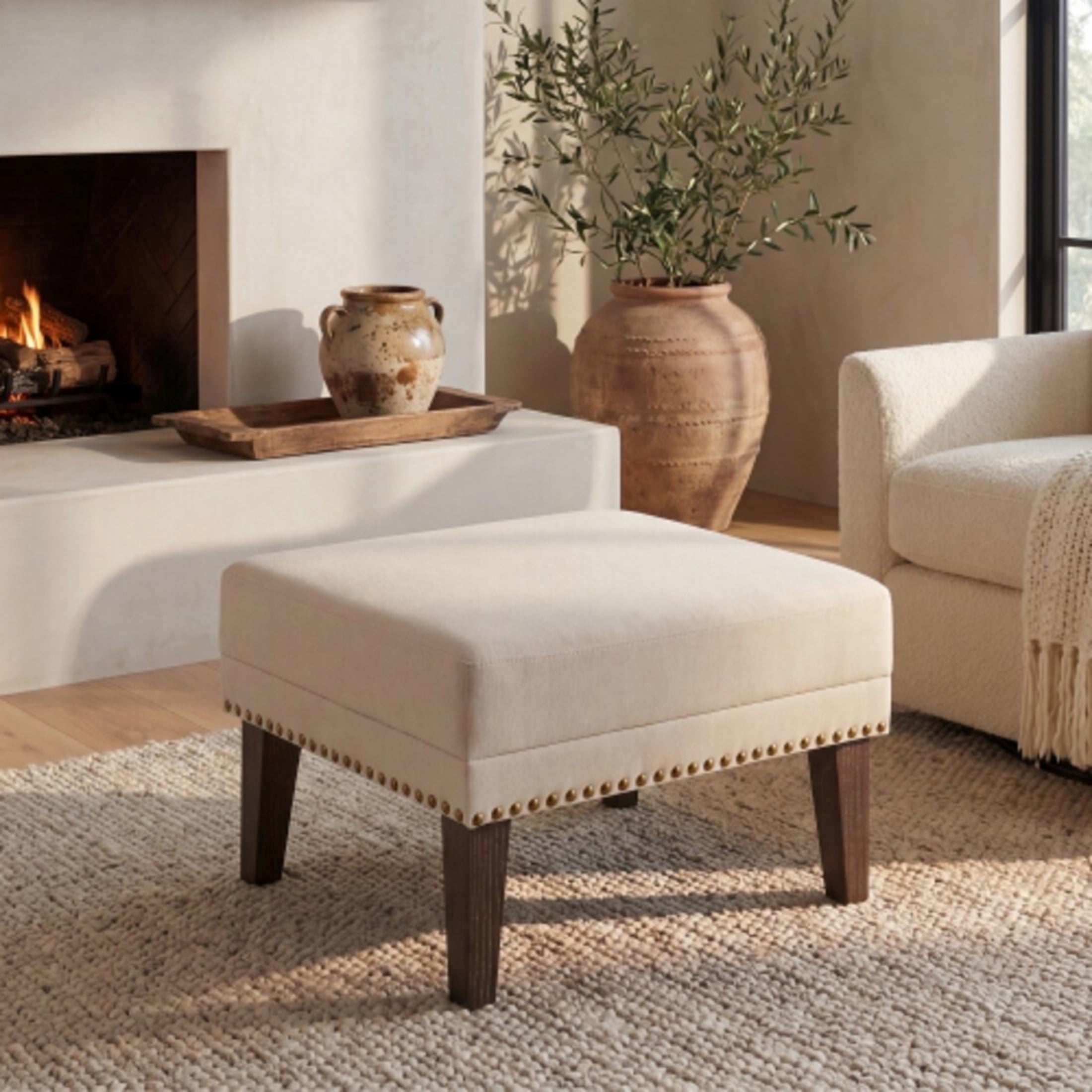 Christopher Knight Home Vintage Upholstered Ottoman with Nailhead Trim, Solid Wood Legs, Beige