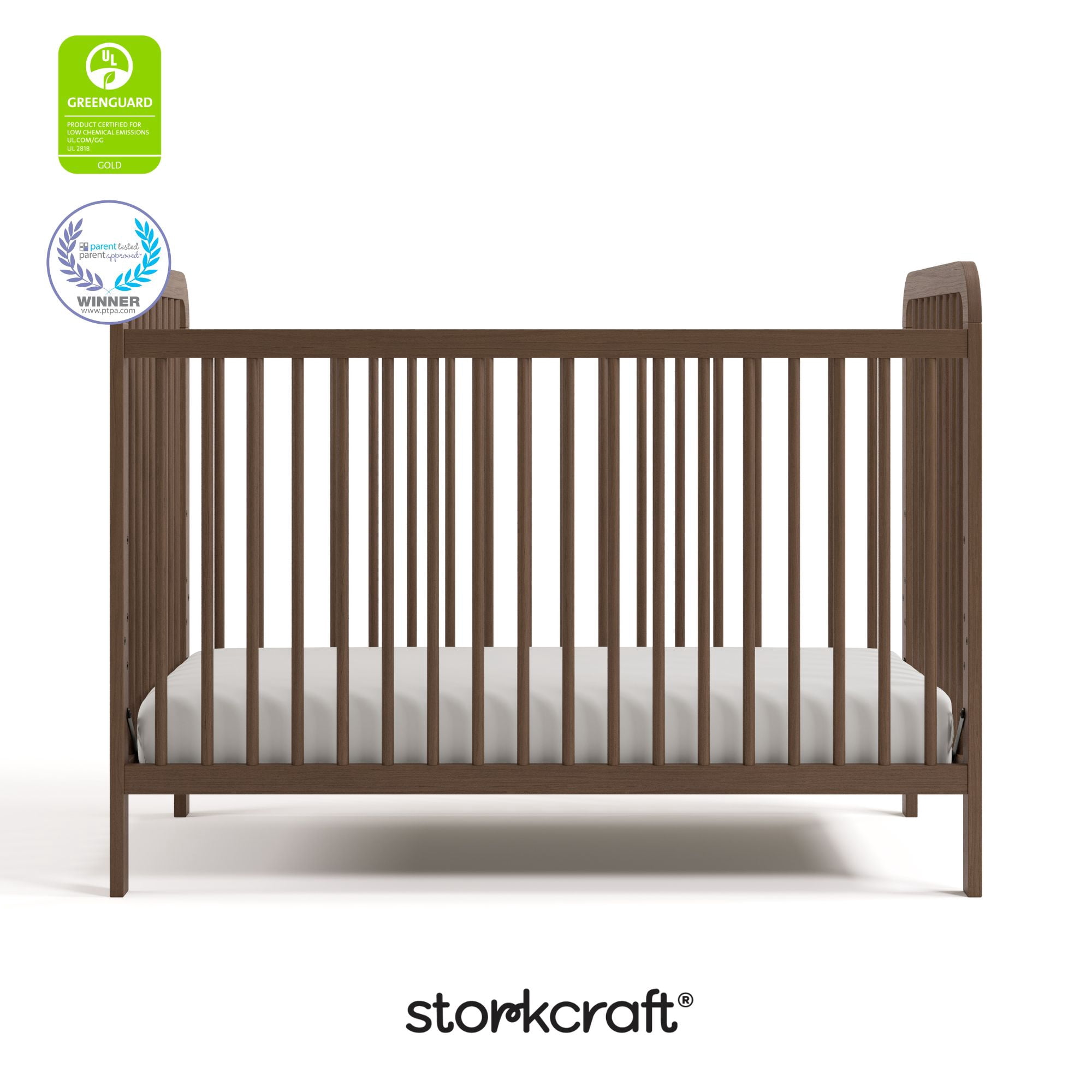 Storkcraft Pasadena 3-in-1 Convertible Baby Crib – GREENGUARD Gold Certified, 100% Solid Wood, Fits Standard Crib Mattress, Converts to Toddler Bed and Daybed, 4 Mattress Heights , Hazelnut