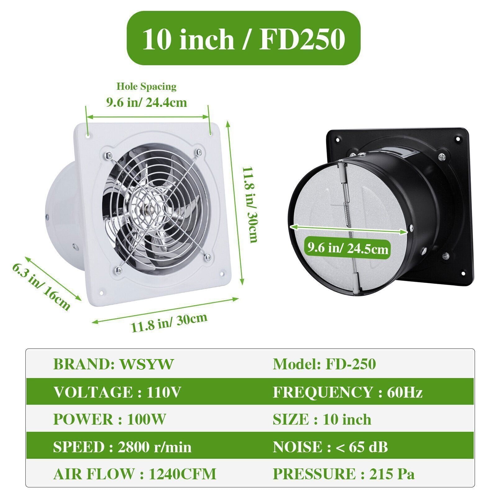 WSYW 10inch Kitchen Exhaust Fan 1240CFM Stainless Steel Low Noise Wall Mounted Ventilation Fan