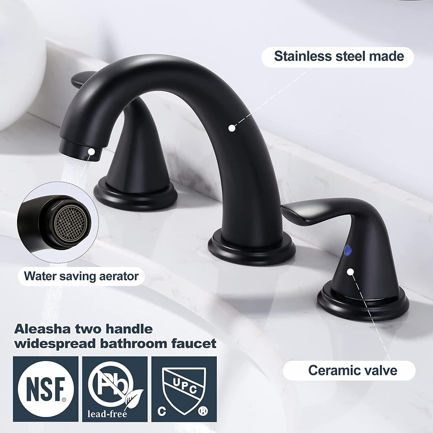 Wowow Bathroom Sink Faucet, Matte Black Widespread 3-hole Faucet With Pop-up Drain and Hose