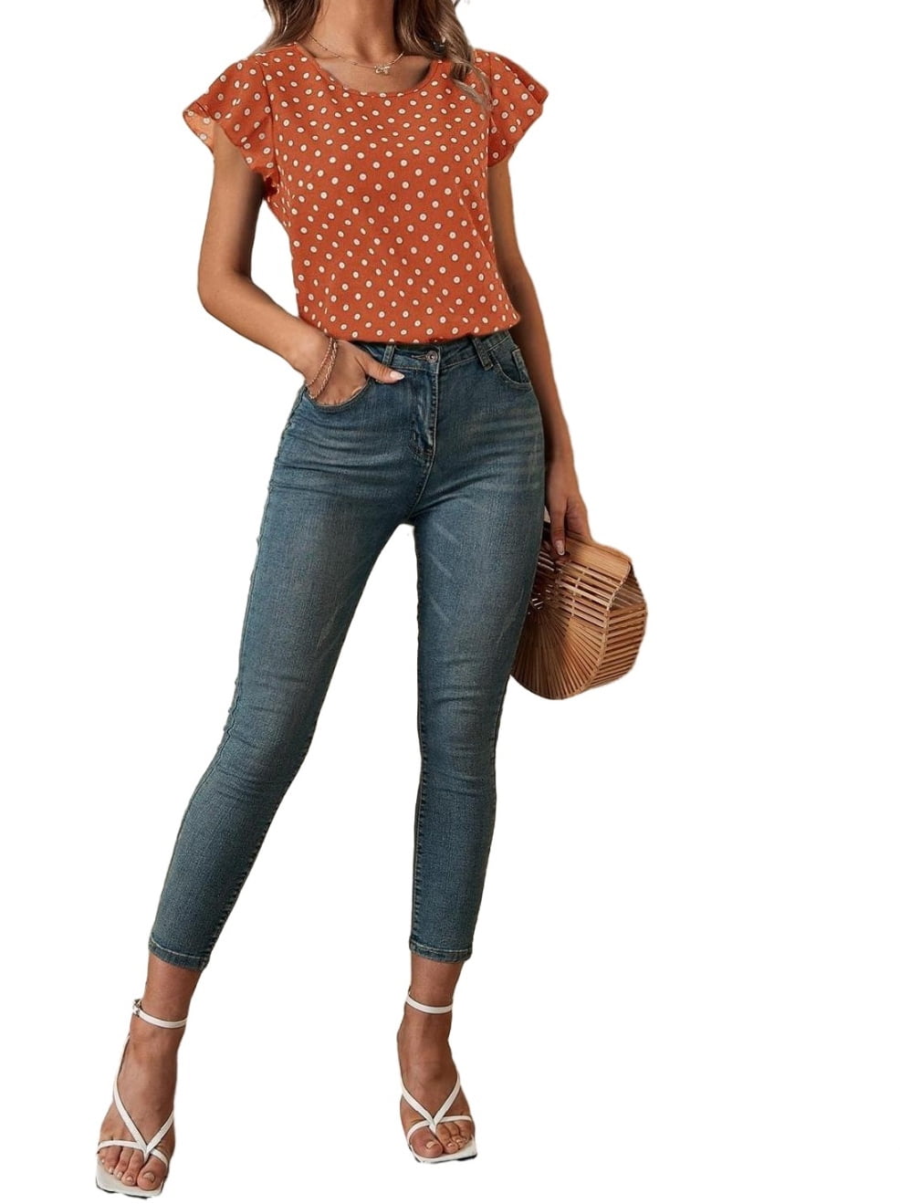 burnt orange polka dot top