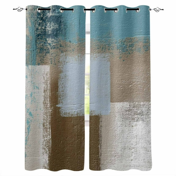 Fsddascl Teal Blue Blackout Curtains for Bedroom/Living Room, Thermal Insulated Kitchen Curtains, Brown White Minimalist Retro Smear Ombre Art Grommet Darkening Window Treatment Drapes 27.5"x39"x2