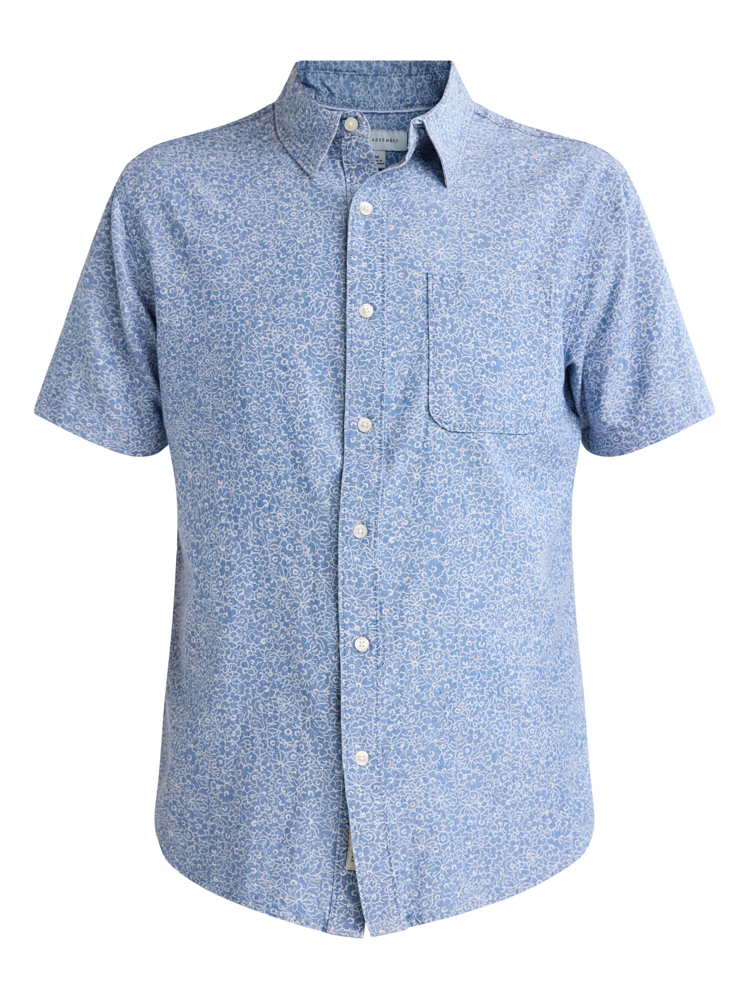 Free Assembly Men’s Print Cotton Chambray Shirt with Short Sleeves, Sizes S-3XL