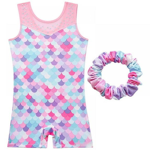 Xmarks Leotards for Girls Gymnastics with Shorts Mosaic Dance Unitards Biketards with Hair Scrunchie for 4-5Y