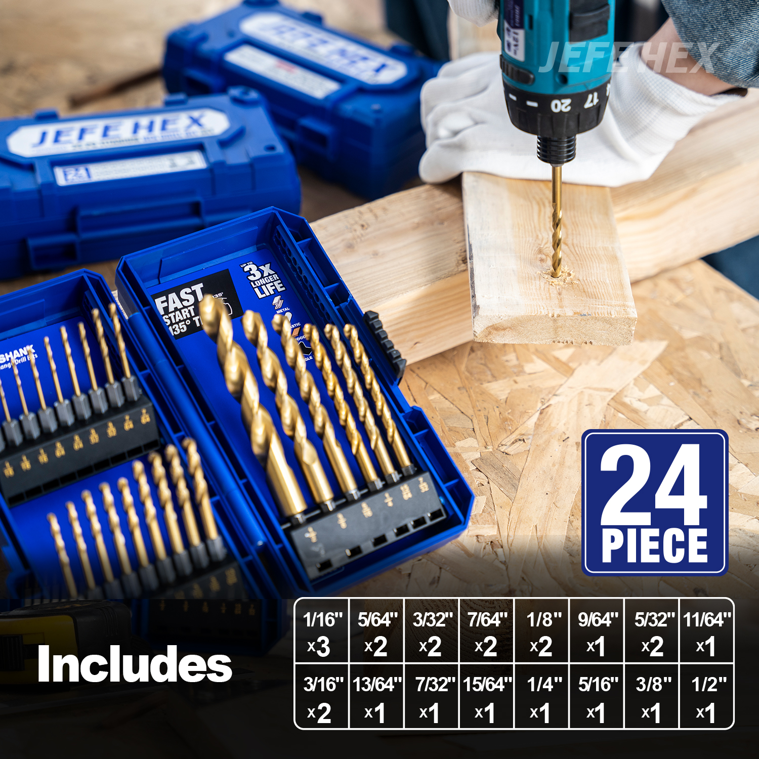 JEFE HEX 24 Pieces Hex Shank Drill Bit Set HSS Twist Titanium Drill Bits Quick Change Drill Bits Set