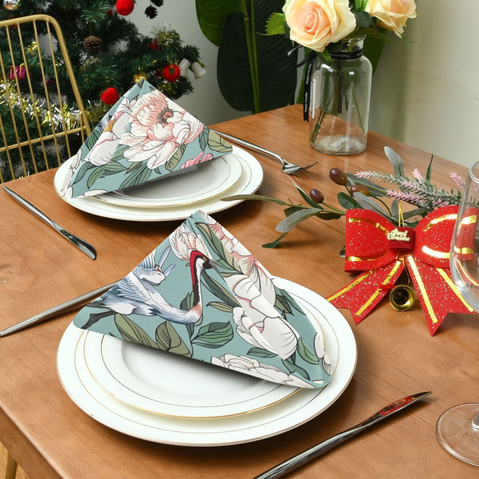 JSTEL Peony Flowers Crane Cloth Napkins Set of 6, 20x20 Inch Washable and Reusable Napkin for Decoupage Dinner Party Everyday Use