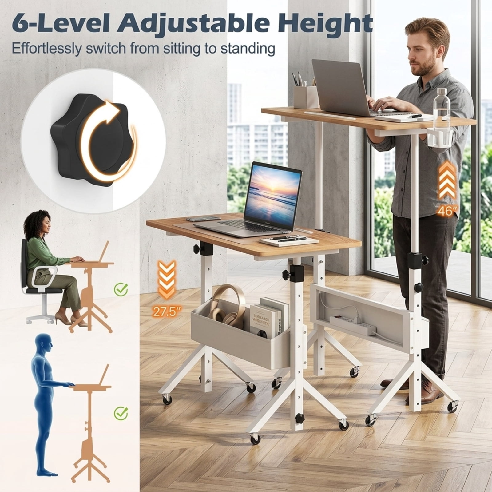 Furnibear Mobile Standing Desk and Height Adjustable Rolling Laptop Desk with Cup Holder Storage Basket and Lockable Wheels for Home Office, Natural