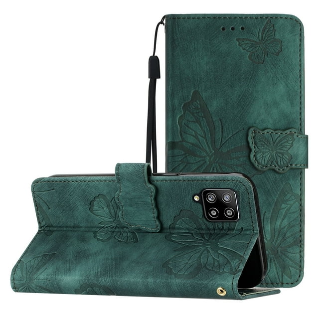 Compatible with Samsung Galaxy A22 4G Embossed Butterfly Case with Wallet and Kickstand Cover