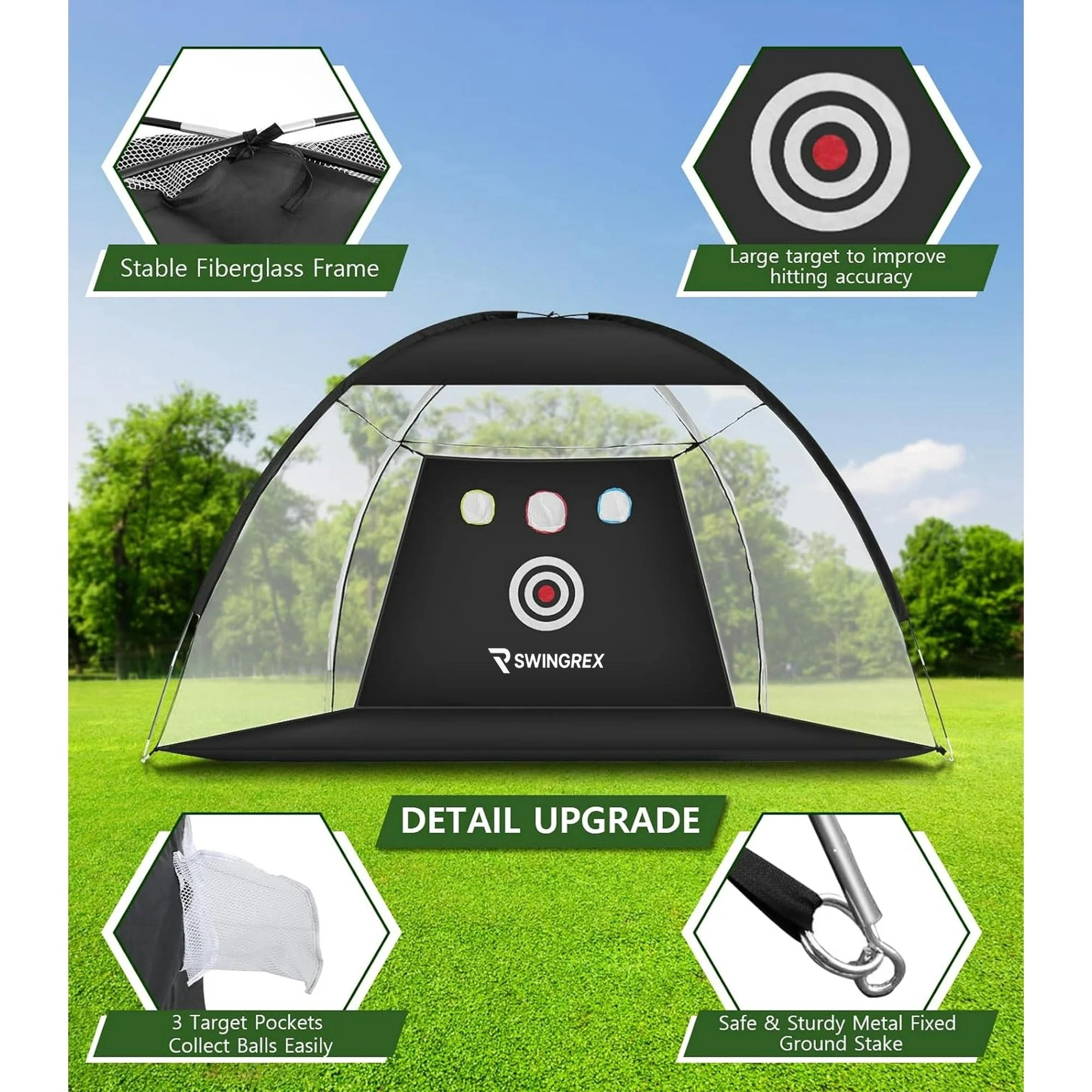 SwingRex 10x7FT Golf Net for Home Swing Training with Mat, Target & Balls