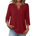 thumbnail image 2 of Button Down Shirts for Women 3/4 Sleeve Linen Cotton V Neck Tops Dressy Casual Loose Work Blouses Red M, 2 of 6