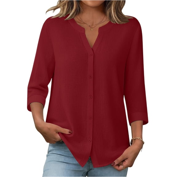 Button Down Shirts for Women Cotton Linen V Neck 3/4 Sleeve Tops Dressy Casual Loose Work Blouses Red 2XL