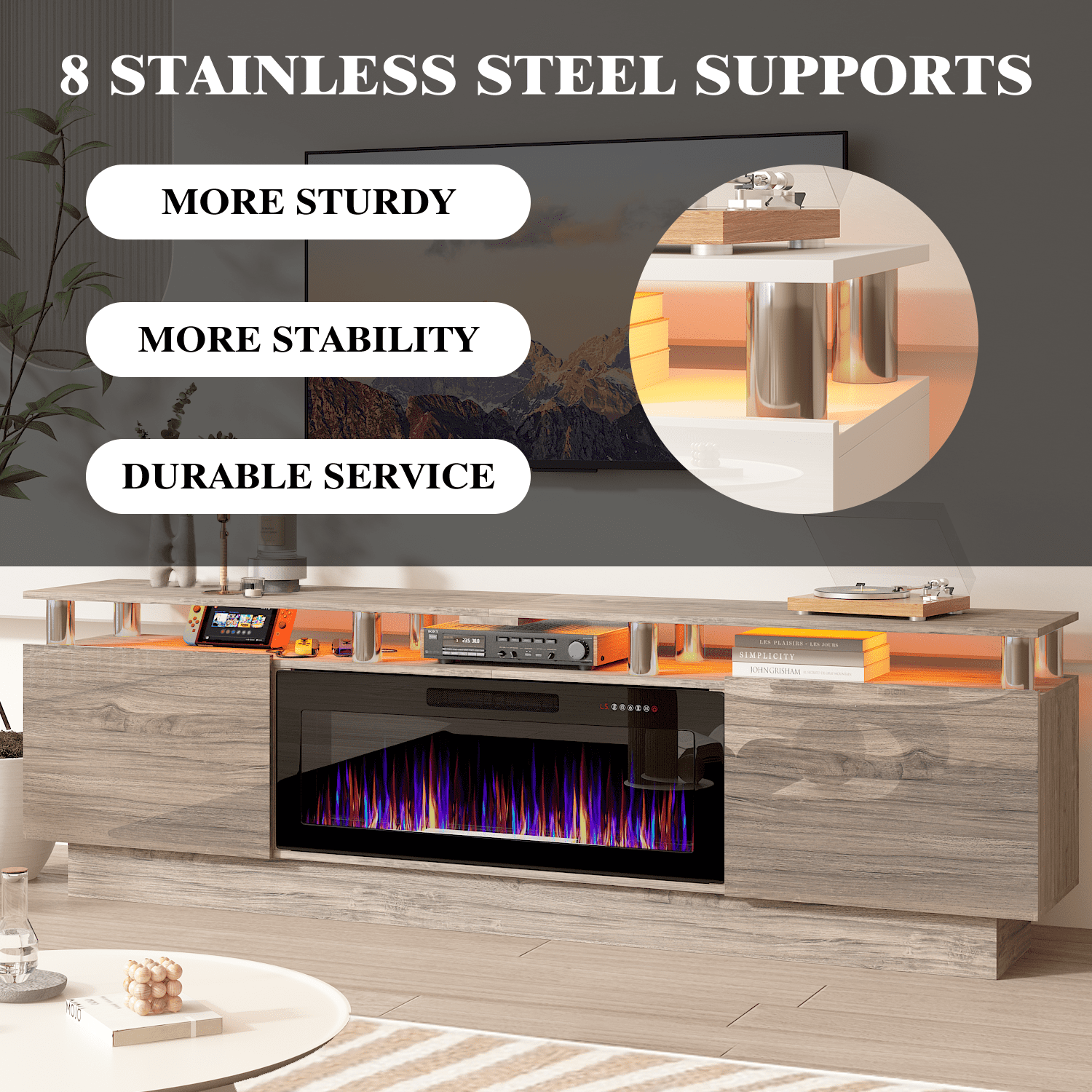 BOSSIN Fireplace TV Stand with 36" Electric Fireplace for Living Room,LED Light Entertainment Center,2 Tier TV Console Stand for TVs Up to 90"
