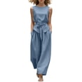 thumbnail image 2 of Mifsaly Women Two Piece Outfits Sets Summer Sleeveless Crewneck Tie Waist Tank Top and Wide Leg Pants with Pockets Elegant Solid Business Casual Vacation Matching Clothes Blue,XS, 2 of 6